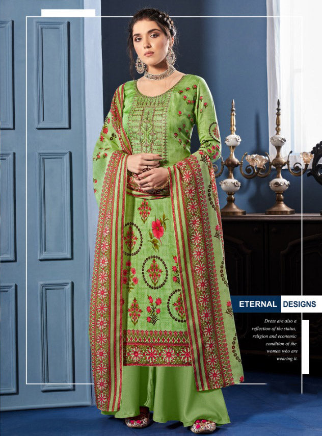 Unstitched Green Salwar Suit Dress Material With Cotton dupatta - Stilento