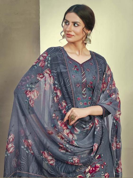 Unstitched Grey Cotton Embroidery Suits Dress Material - Stilento