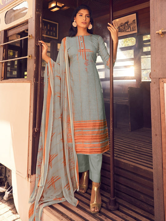 Women's Grey Unstitched Cotton Suit Dress Material with Dupatta