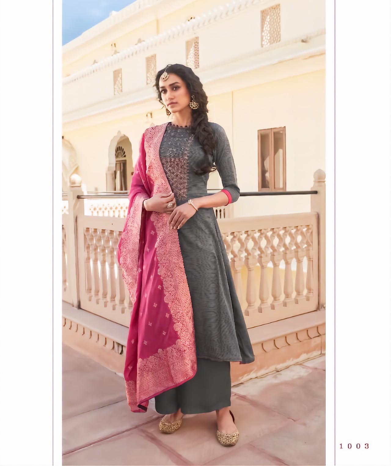 Unstitched Grey Cotton Salwar Suits Set With Banarasi Dupatta - Stilento