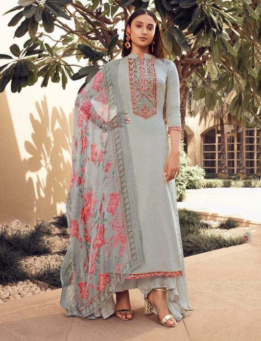 Unstitched Grey Cotton Satin Salwar Suit Material with Chiffon Dupatta