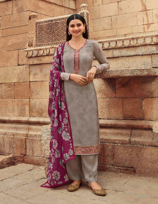 Unstitched Grey Crepe Suits Set With Georgette Dupatta Dress material