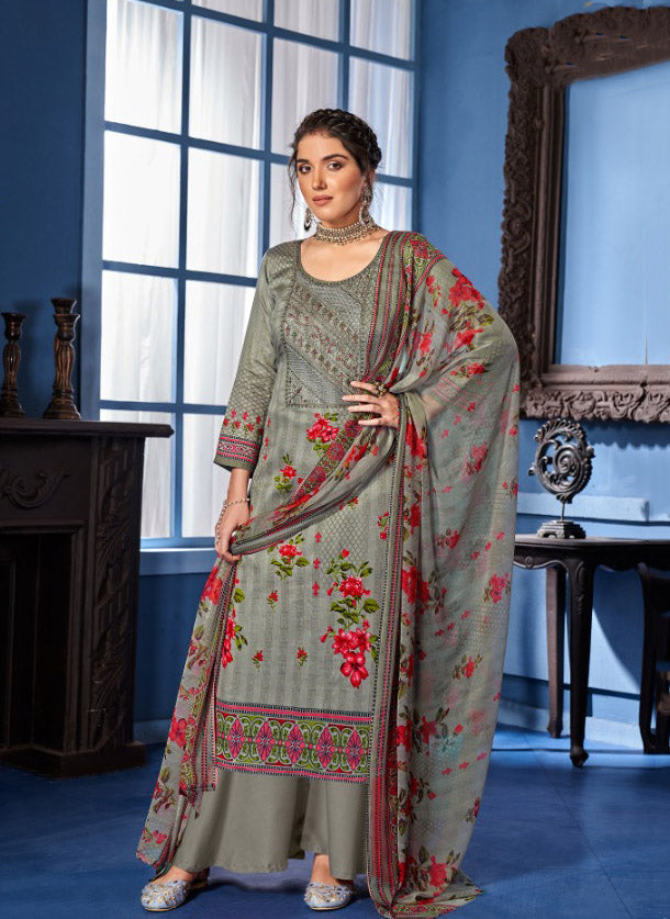 Unstitched Grey Salwar Suit Dress Material With Cotton dupatta - Stilento