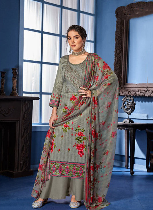 Unstitched Grey Salwar Suit Dress Material With Cotton dupatta