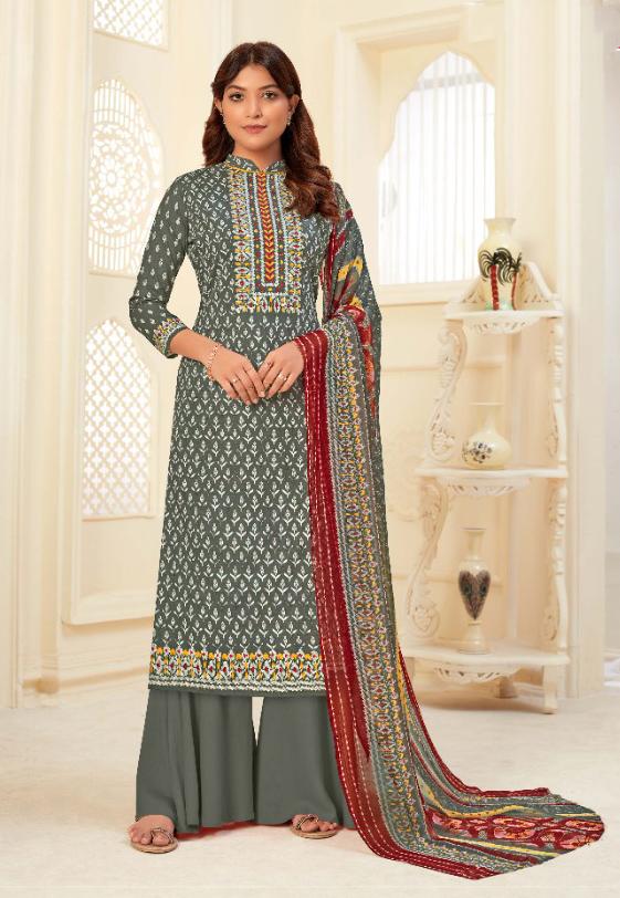 Unstitched Grey Salwar Suits Material with Chiffon Dupatta for Woman - Stilento