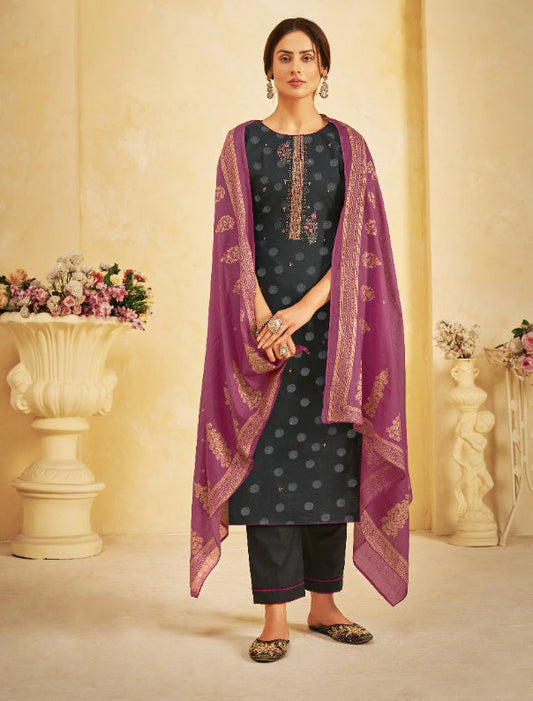 Unstitched Lawn Black Cotton Pant Style Suit Dress Material With Dupatta