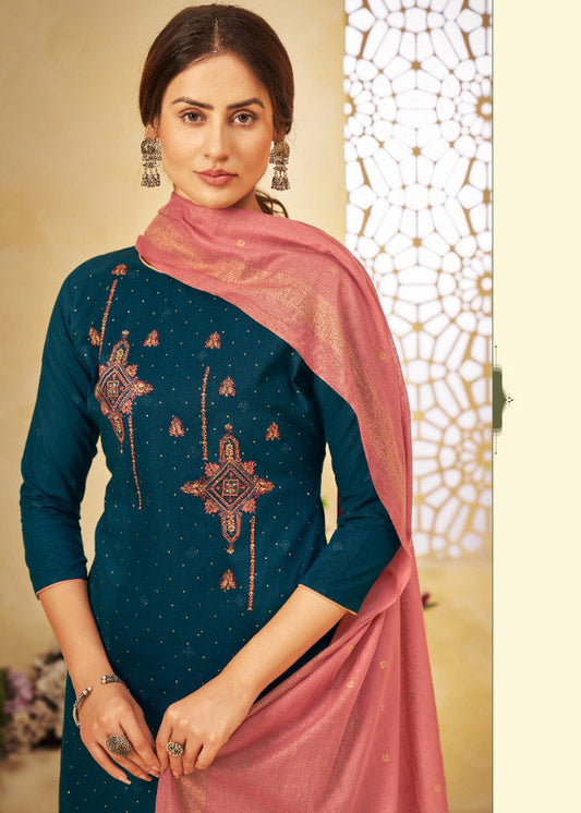 Unstitched Lawn Blue Cotton Pant Style Suit Dress Material With Dupatta