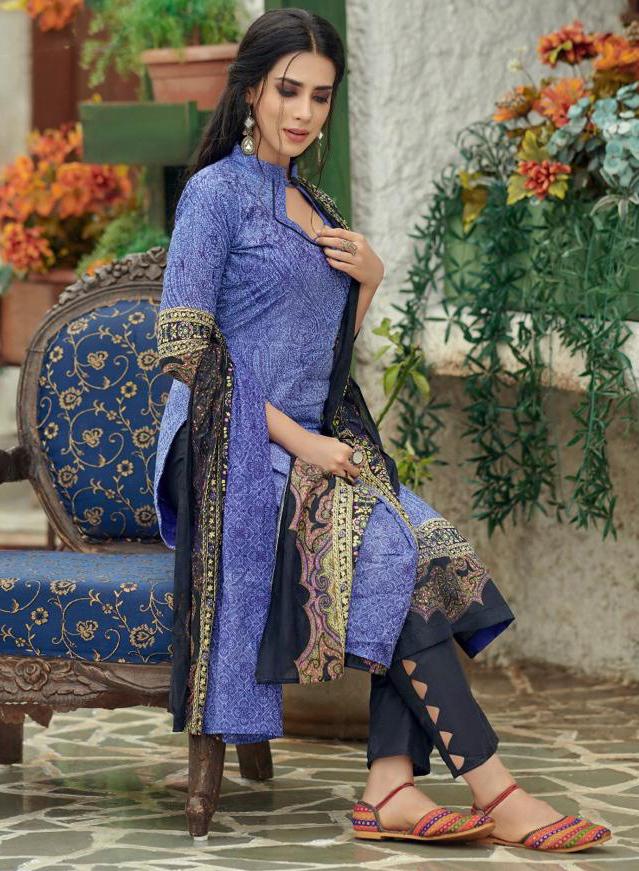 Unstitched Lawn Cotton Pakistani Blue Suit Dress material - Stilento