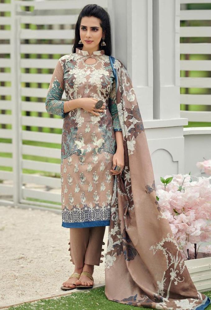 Unstitched Lawn Cotton Pakistani Brown Suit Dress material - Stilento