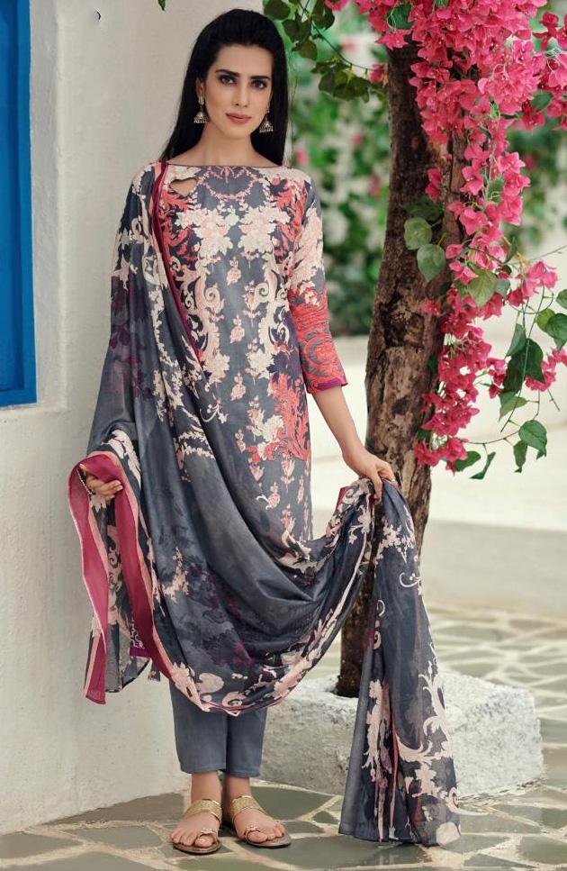 Unstitched Lawn Cotton Pakistani Grey Suit Dress material - Stilento