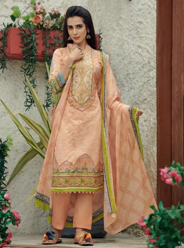 Unstitched Lawn Cotton Pakistani Orange Suit Dress material - Stilento
