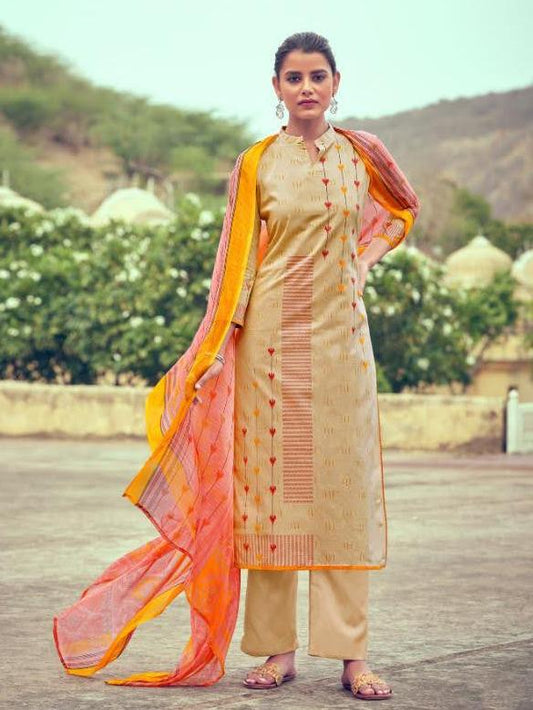 Unstitched Lawn Cotton Pakistani Suits Beige Dress Material