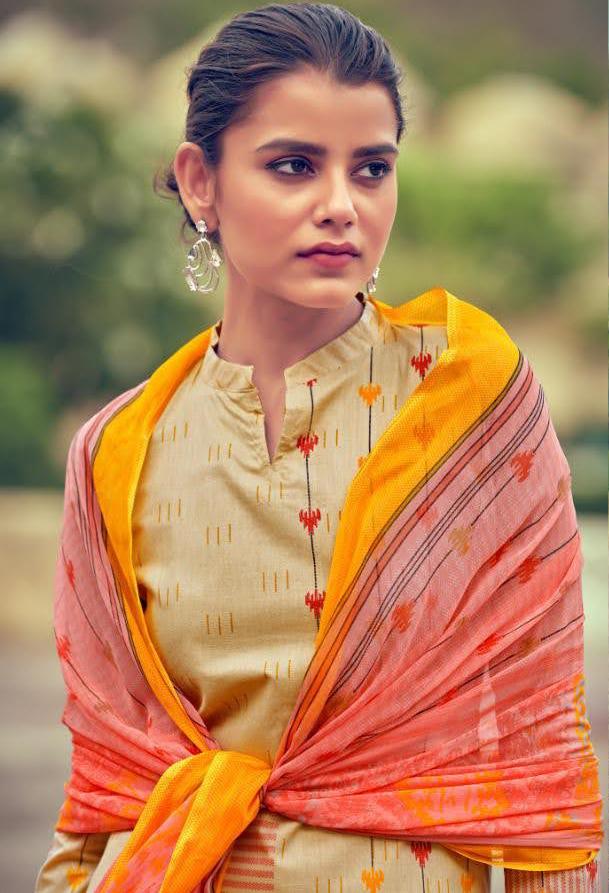 Unstitched Lawn Cotton Pakistani Suits Beige Dress Material - Stilento
