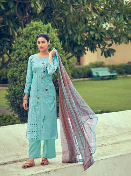 Unstitched Lawn Cotton Pakistani Suits Blue Dress Material