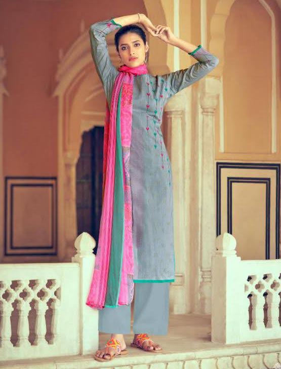 Unstitched Lawn Cotton Pakistani Suits Grey Dress Material - Stilento