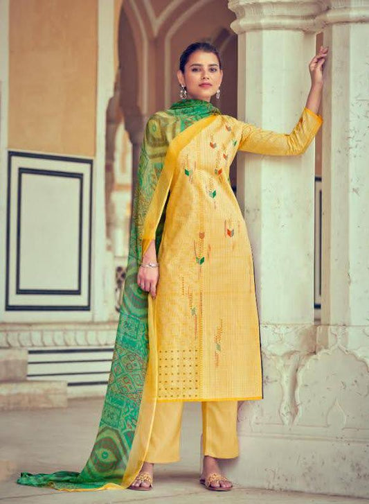 Unstitched Lawn Cotton Pakistani Suits Yellow Dress Material