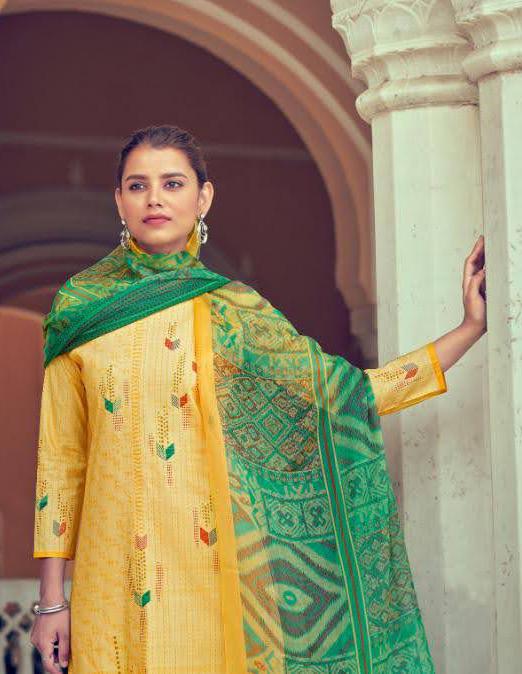 Unstitched Lawn Cotton Pakistani Suits Yellow Dress Material - Stilento