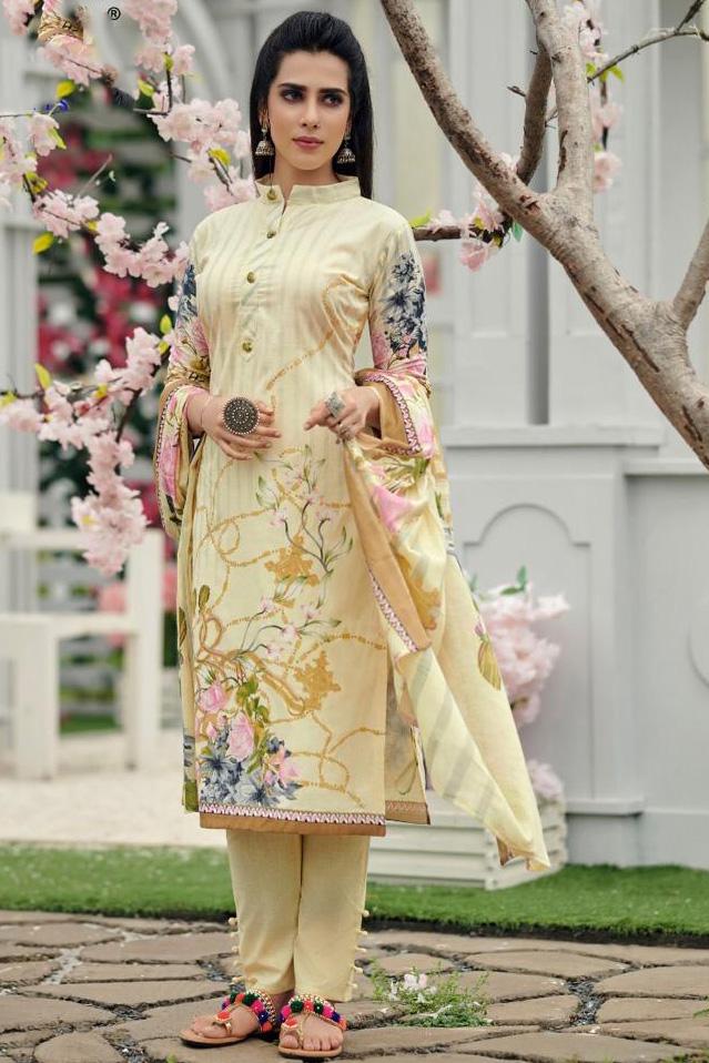 Unstitched Lawn Cotton Pakistani Yellow Suit Dress material - Stilento
