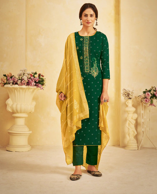 Unstitched Lawn Green Cotton Pant Style Suit Dress Material With Dupatta - Stilento