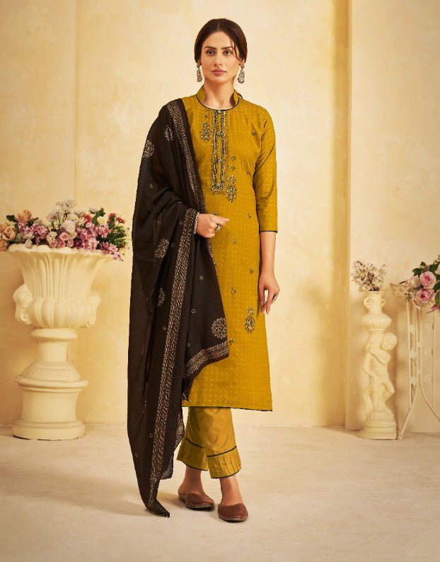 Unstitched Lawn Yellow Cotton Pant Style Suit Dress Material With Dupatta - Stilento