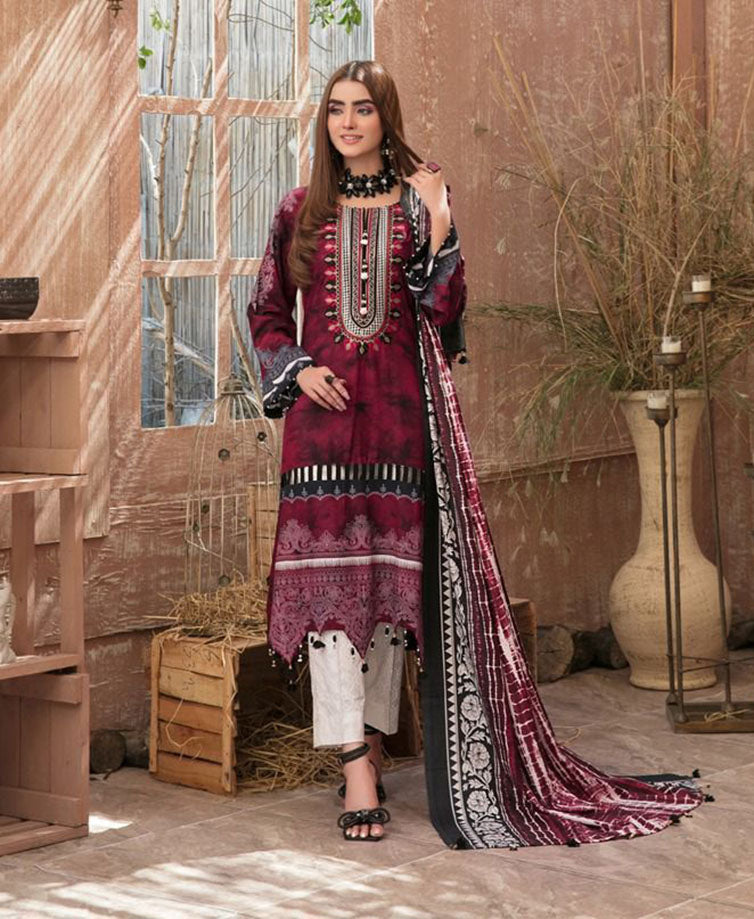 Unstitched Maroon Cotton Pakistani Suit Material - Stilento
