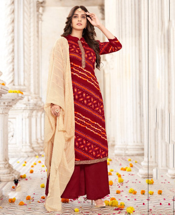 Unstitched Maroon Foil Print With Kasab Embroidery Palazzo Style Suit - Stilento