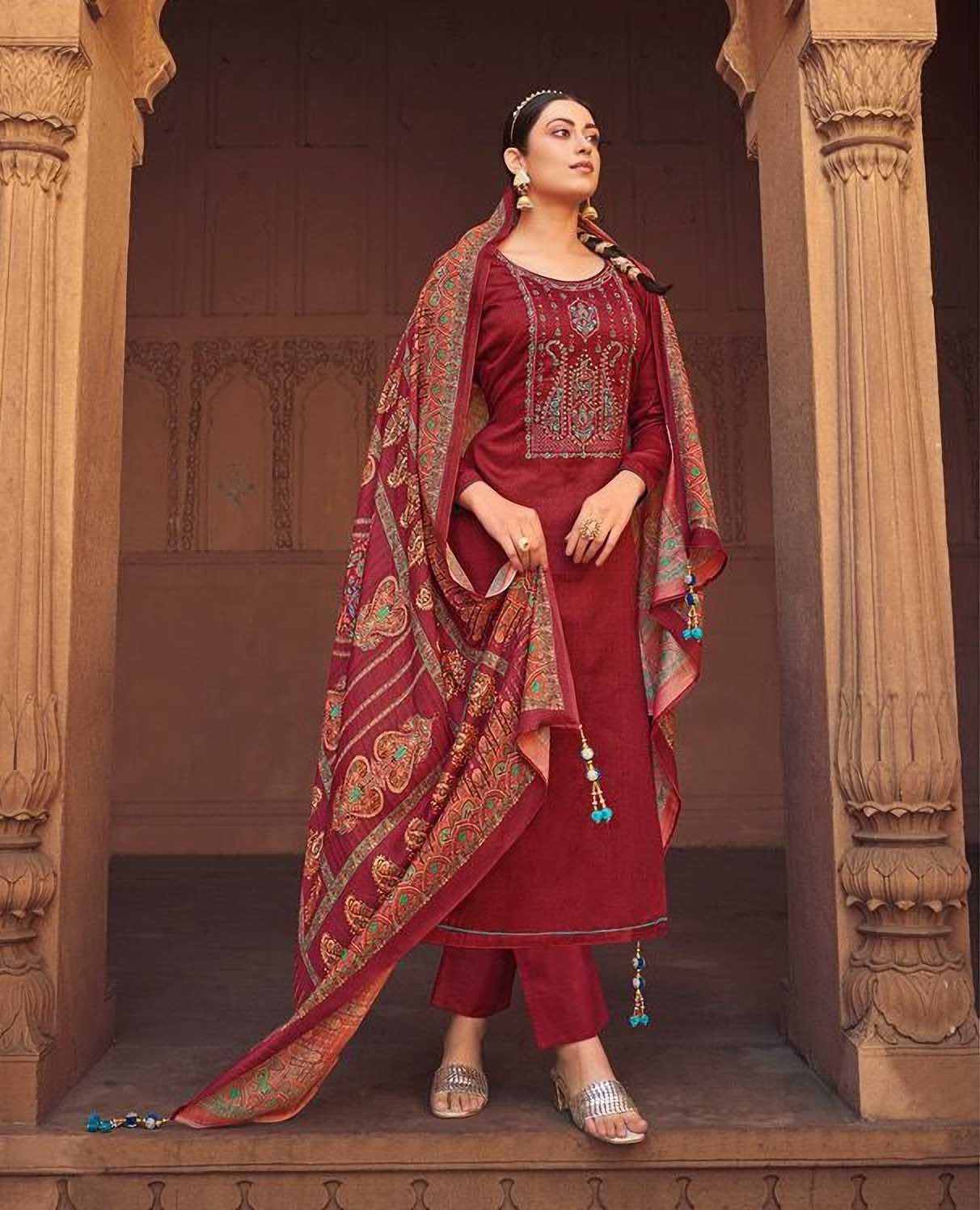 Unstitched Maroon Jam Satin Printed Dress Material With Embroidery - Stilento