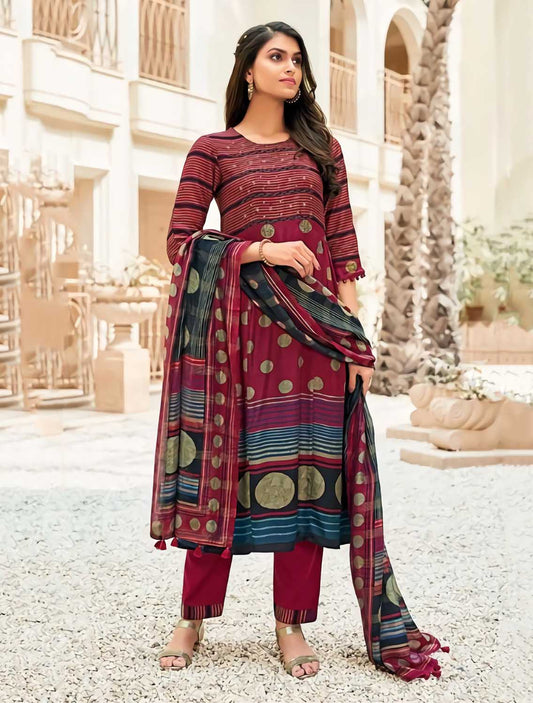 Unstitched Maroon Muslin Silk Salwar Kameez Suit Set With Chanderi dupatta