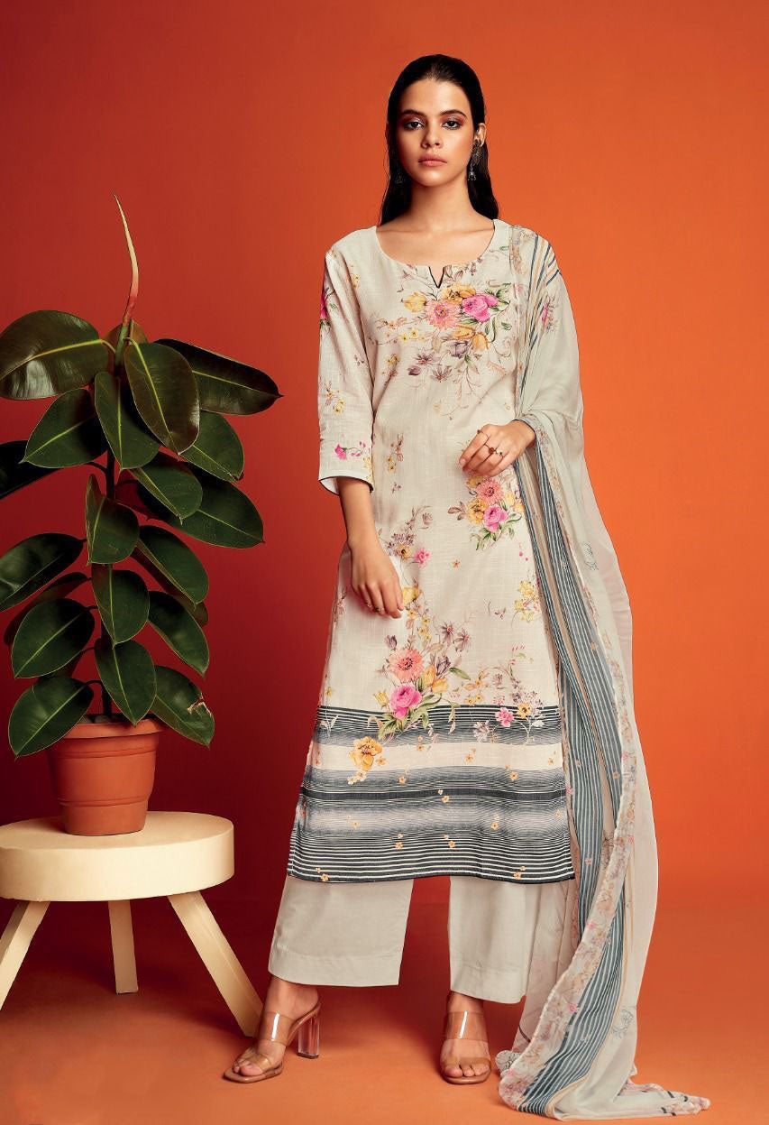 Unstitched Off-White Cotton Linen Printed Salwar Suits Material - Stilento