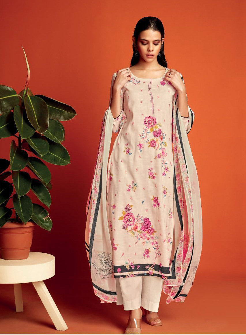 Unstitched Off-White Cotton Linen Printed Salwar Suits Material - Stilento