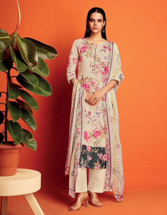 Unstitched Off-White Cotton Linen Salwar Suits Material