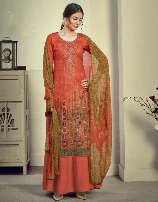 Unstitched Orange Cotton Embroidery Suits Dress Material