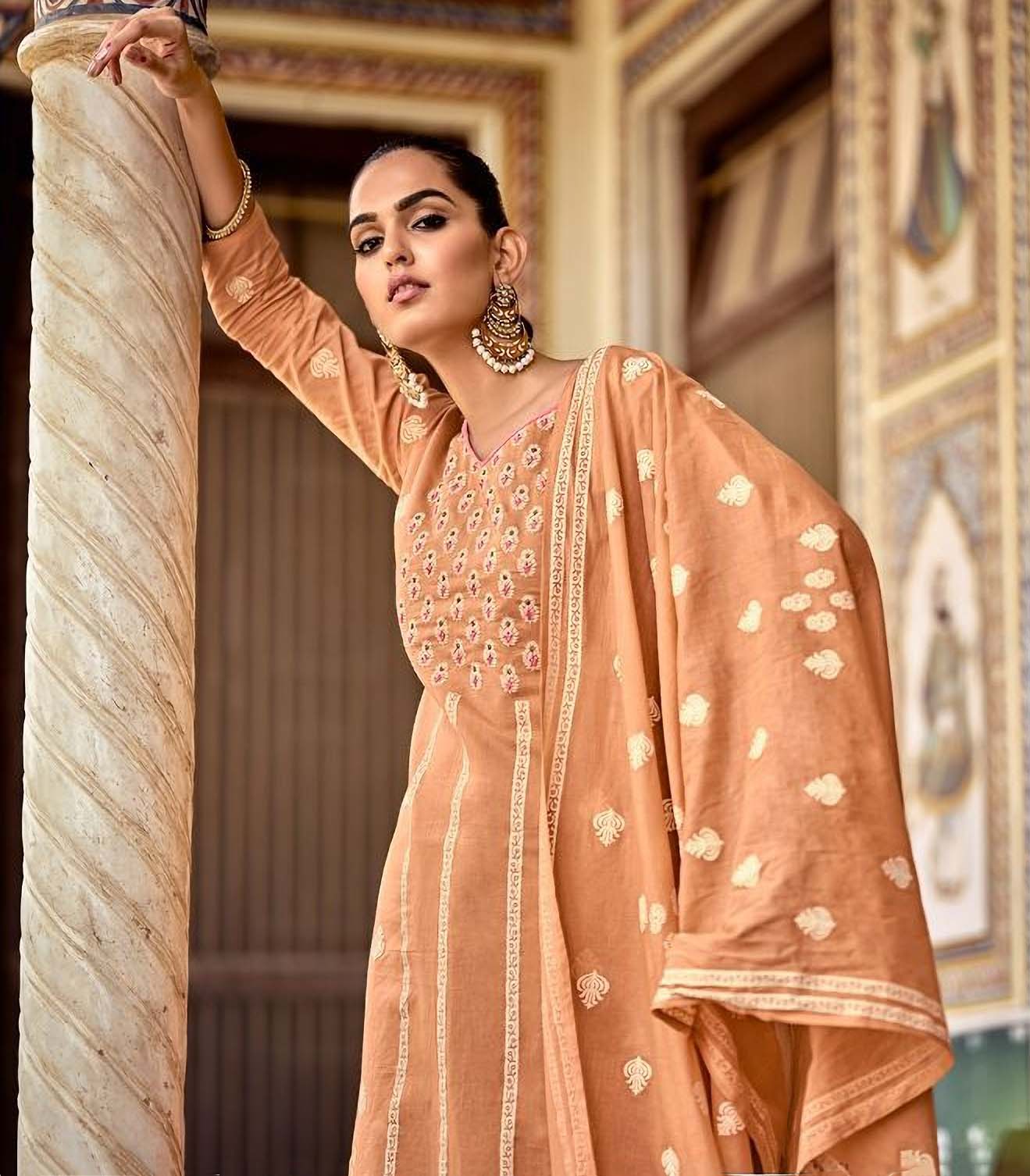 Unstitched Orange Cotton Pakistani Dress Material Salwar Suits - Stilento