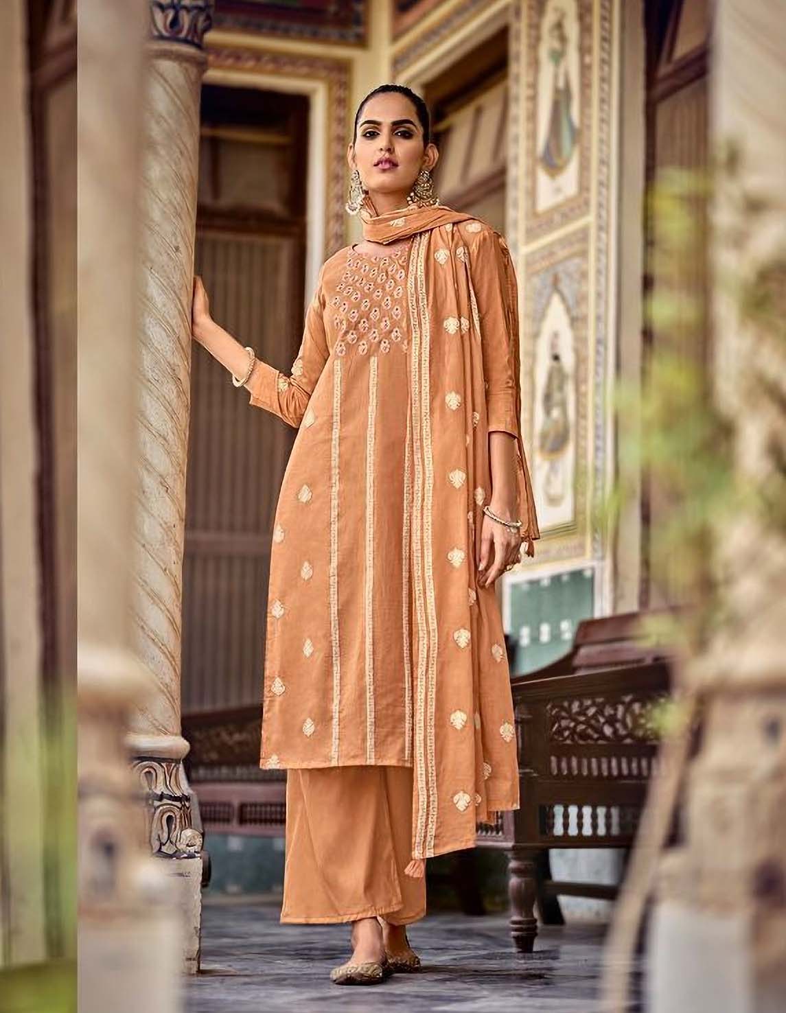 Unstitched Orange Cotton Pakistani Dress Material Salwar Suits - Stilento