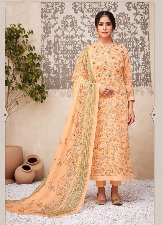 Unstitched Orange Printed Cotton Suits With Kota Work