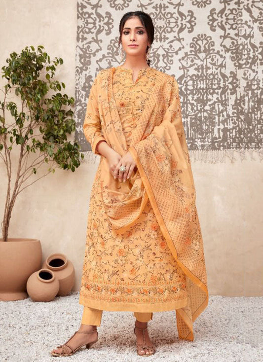 Unstitched Orange Printed Cotton Suits Dress Materials for Ladies