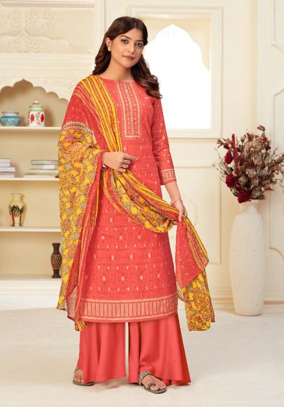 Unstitched Orange Salwar Suits Material with Chiffon Dupatta for Woman - Stilento