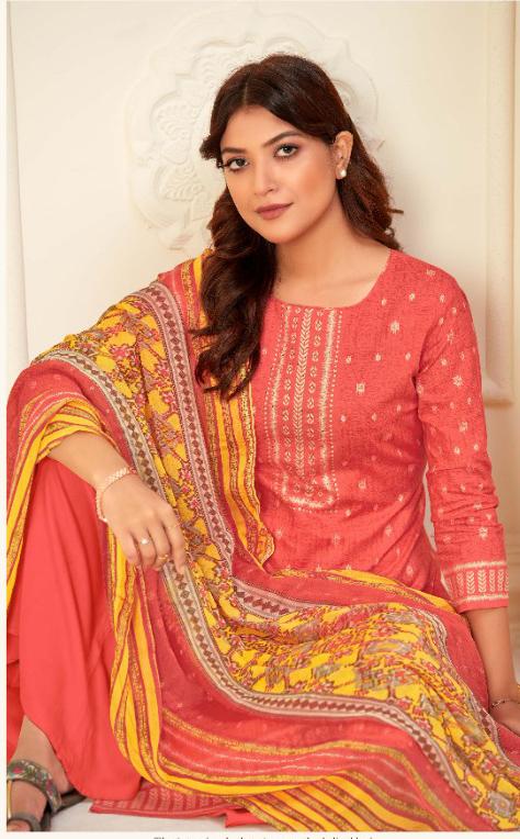Unstitched Orange Salwar Suits Material with Chiffon Dupatta for Woman - Stilento