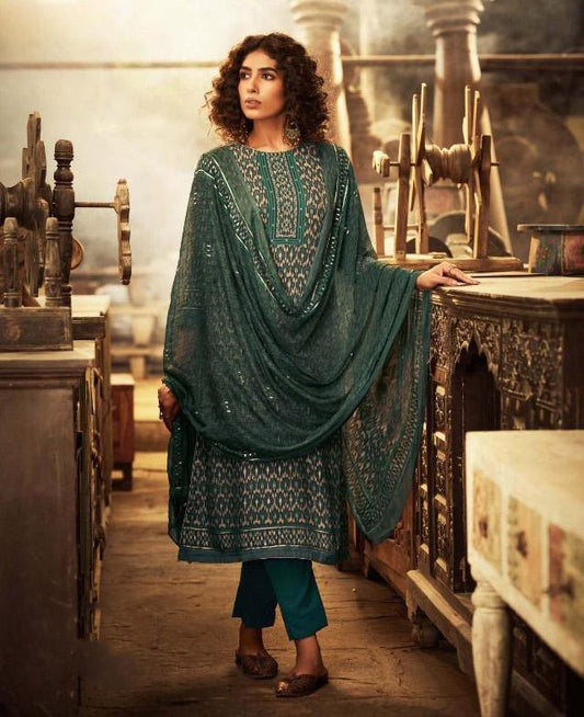 Unstitched Pashmina Green Winter Salwar Suit Set for Women