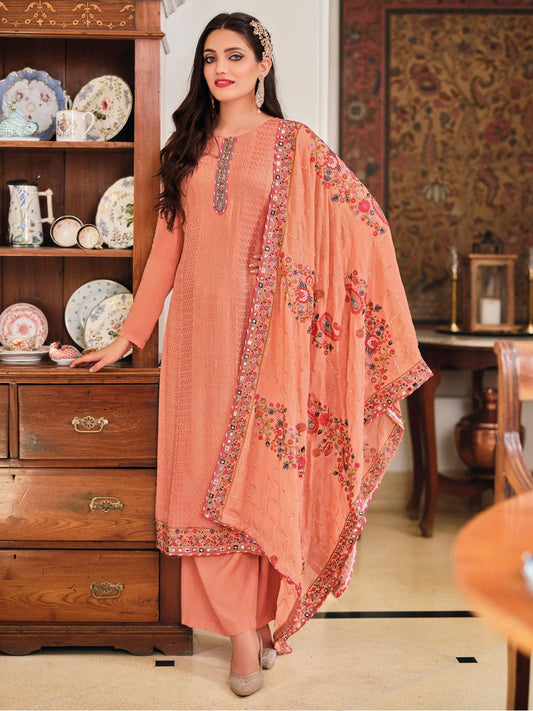 Unstitched Pink Chinon Pakistani Salwar Suit Set With Embroidery Work