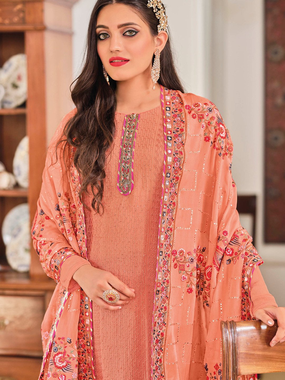 Unstitched Pink Chinon Pakistani Salwar Suit Set With Embroidery Work - Stilento