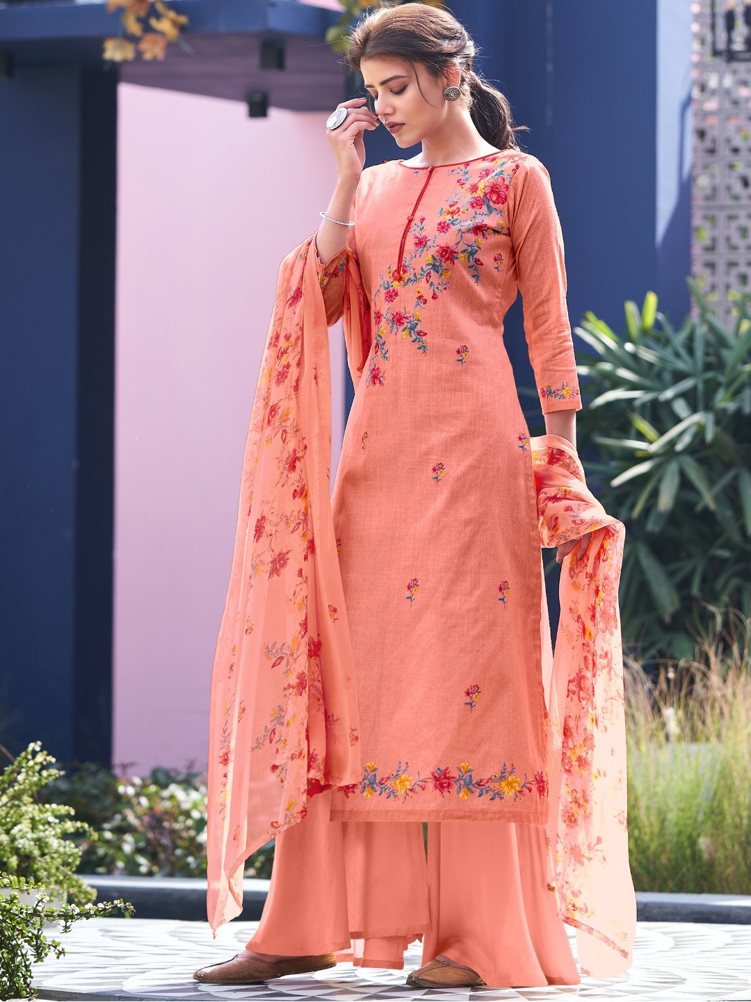 Unstitched Pink Cotton Salwar Kameez Material with Dupatta - Stilento