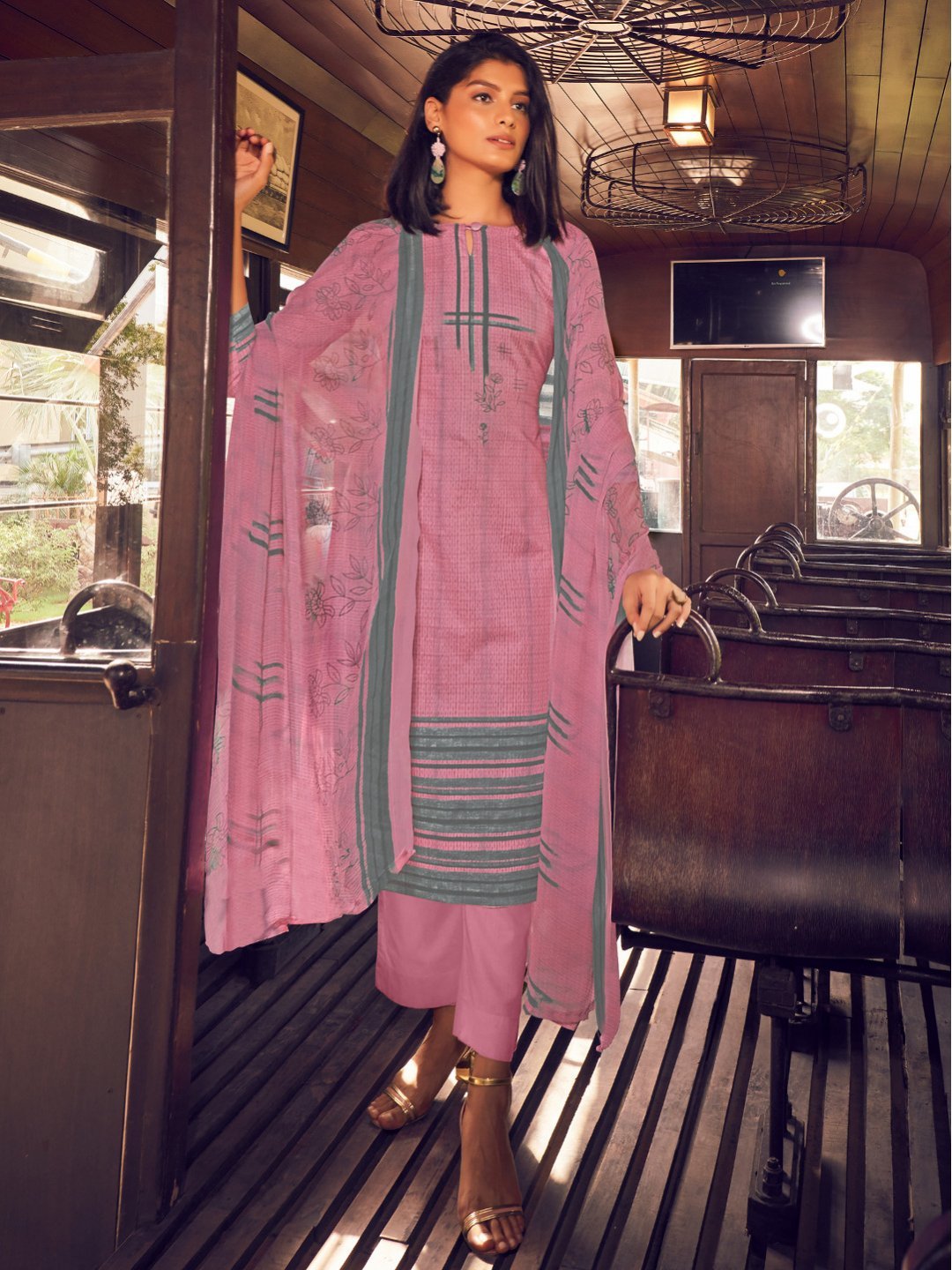Unstitched Pink Cotton Salwar Suit Dress Material With Dupatta - Stilento