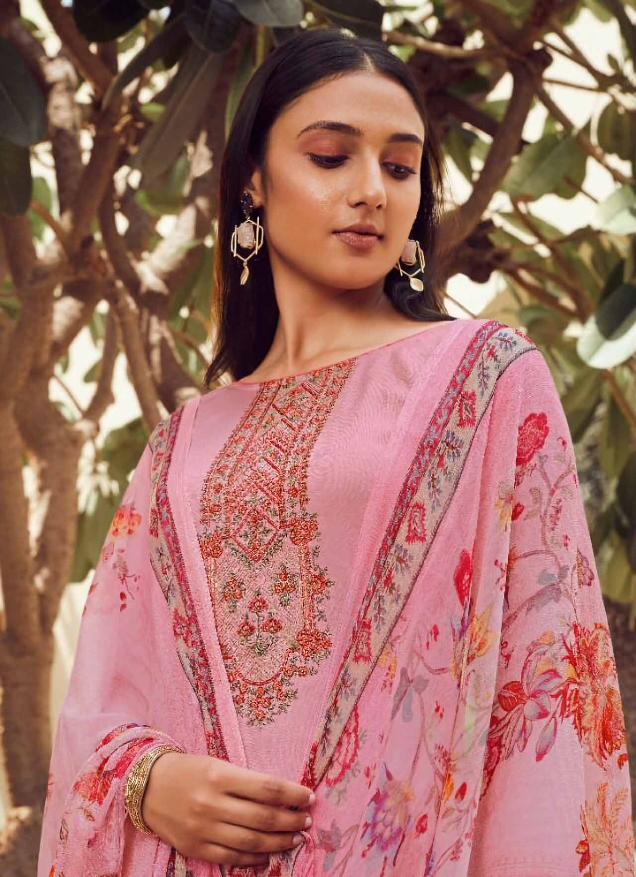 Unstitched Pink Cotton Satin Salwar Suit Material with Chiffon Dupatta - Stilento