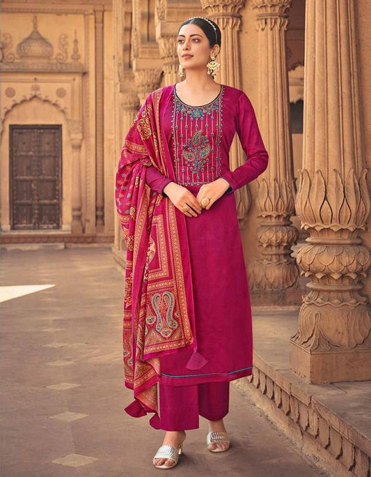 Unstitched Pink Jam Satin Printed Dress Material With Embroidery