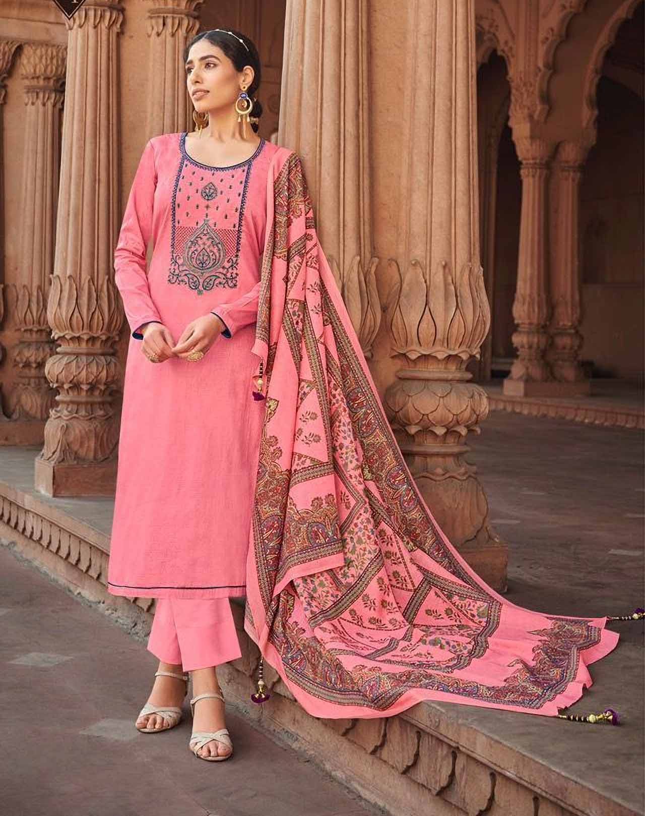 Unstitched Pink Jam Satin Printed Dress Material With Embroidery - Stilento