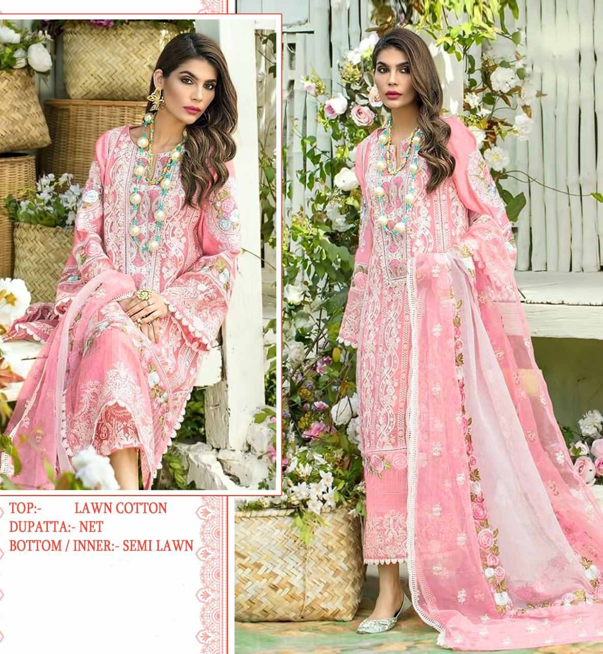 Unstitched Pink Pakistani Style Salwar Suits Lawn Cotton Dress Material - Stilento