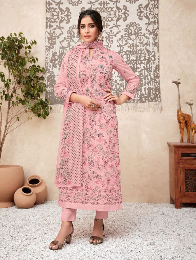 Unstitched Pink Printed Cotton Suits With Kota Work - Stilento