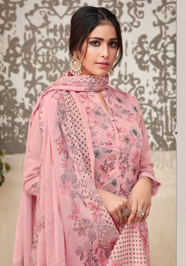 Unstitched Pink Printed Cotton Suits With Kota Work - Stilento