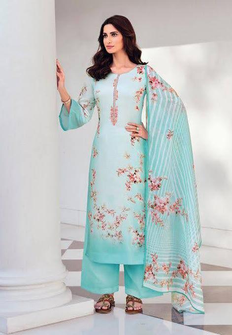 Unstitched Printed Embroidery Blue salwar suit Dress Material